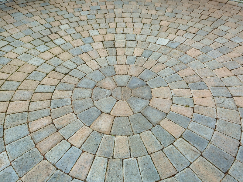 Garden Backyard circular Pattern brick stone pavers hardscape patio